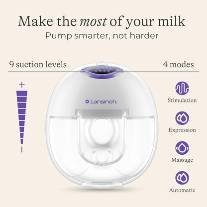 Lansinoh Pacote de bomba tira-leite elétrica vestível - 4 modos de bombeamento, 9 níveis de sucção - mãos livres, portátil e bombeamento silencioso - display LED - inclui 25 sacos de armazenamento de leite materno + mamadeira
