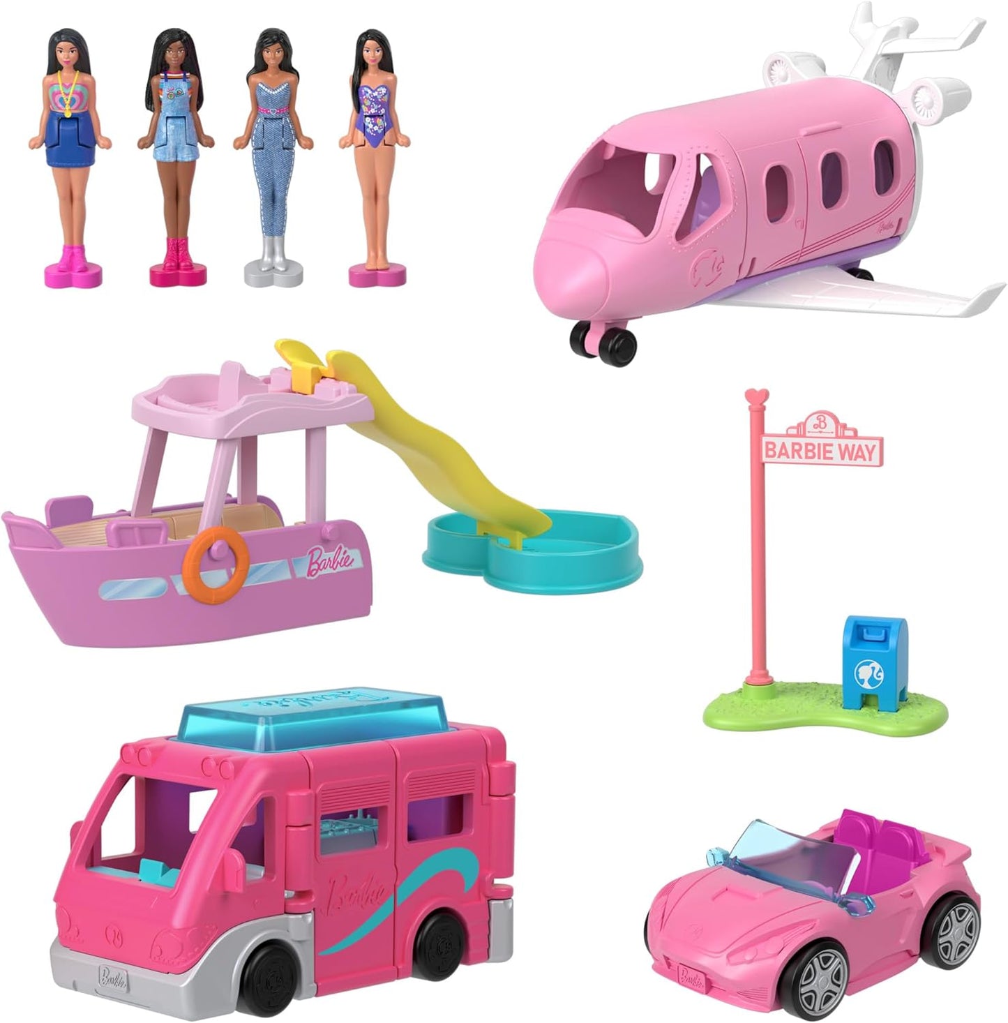 Barbie Mini BarbieLand 4-Pack Boneca e Conjunto de Veículo de Brinquedo com 4 Bonecas Barbie de 1,5 polegadas e 4 Veículos de Brinquedo Icônicos com Surpresa de Mudança de Cor, JDB85