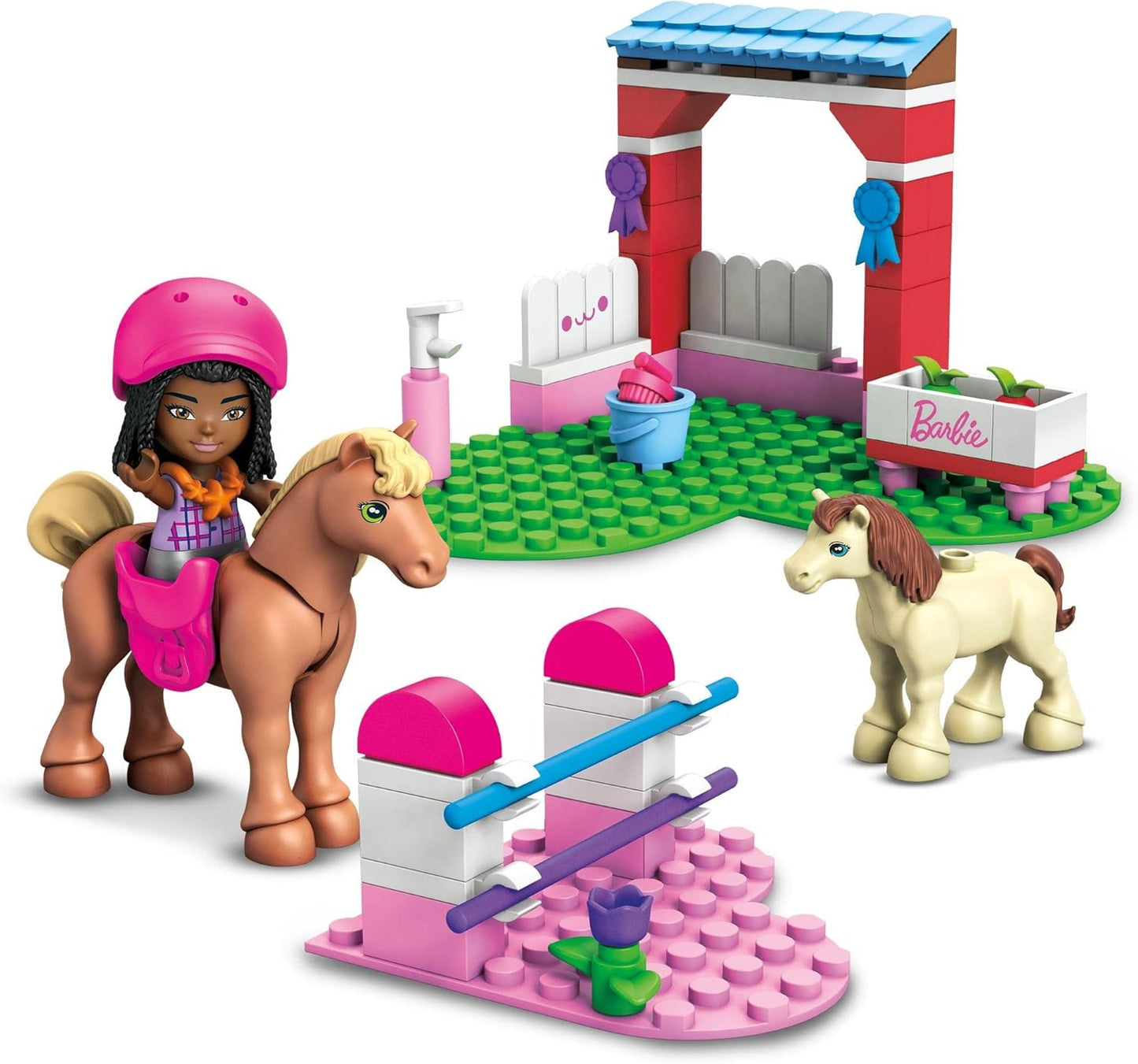 MEGA Conjunto de construção Barbie Horse Jumping - Inclui 68 blocos de construção - 1 microboneca, cavalo e pônei - 3 itens de moda - Adereços estáveis - Presente para crianças a partir de 4 anos - HDJ84