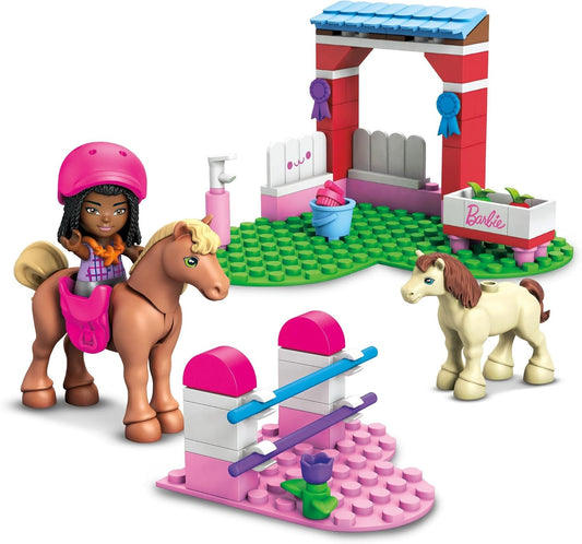 MEGA Conjunto de construção Barbie Horse Jumping - Inclui 68 blocos de construção - 1 microboneca, cavalo e pônei - 3 itens de moda - Adereços estáveis - Presente para crianças a partir de 4 anos - HDJ84