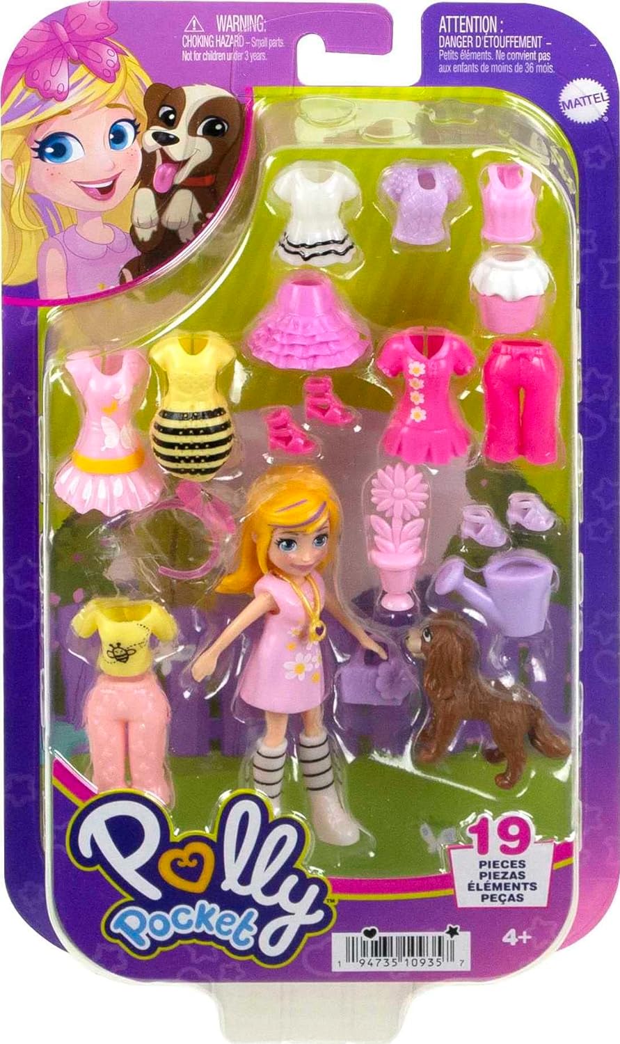 Polly Pocket Brinquedo de viagem com boneca de 3 polegadas e 18 acessórios, pacote de moda com tema de cachorrinhos e flores