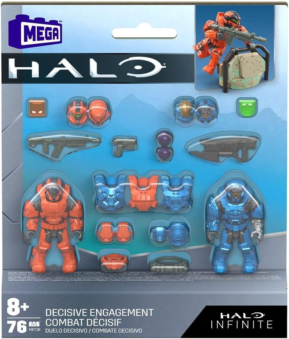 MEGA Conjuntos de construção de brinquedos Halo Infinite, coleção Spartan Mission Pack com 2 microfiguras de ação articuláveis, acessórios e expositor