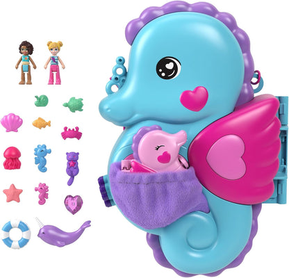 Polly Pocket Dolls e Playset com animais de estimação e 13 acessórios, bolsa 2 em 1 Daddy & Me Seahorse e brinquedo de animal, estrelado por Shani