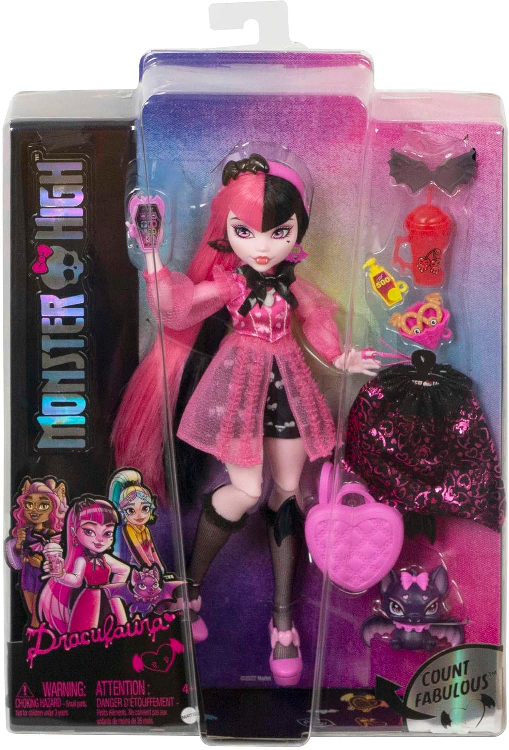 Monster High Boneca Draculaura, boneca vampira moderna com cabelo rosa e preto, Toy Bat Count Fabulous e acessórios para bonecas, brinquedos para maiores de 4 anos, uma boneca, HHK51