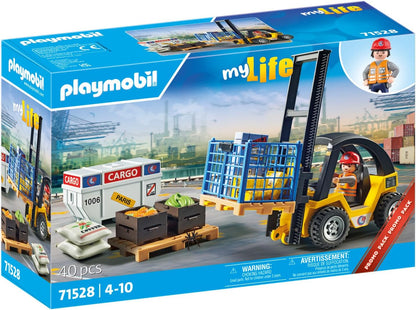 Playmobil Pacote promocional 71528 myLife: empilhadeira com carga, emocionante trabalho de logística no porto, incluindo paletes e vários itens de estoque, conjuntos de jogos detalhados adequados para crianças a partir de 4 anos