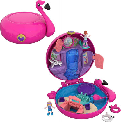 Polly Pocket Llama Music Party Compact com palco, pista de dança giratória, 4Y +, GKJ50 e Pocket World Flamingo Floatie Compact com surpresa revela, micro bonecos e acessórios