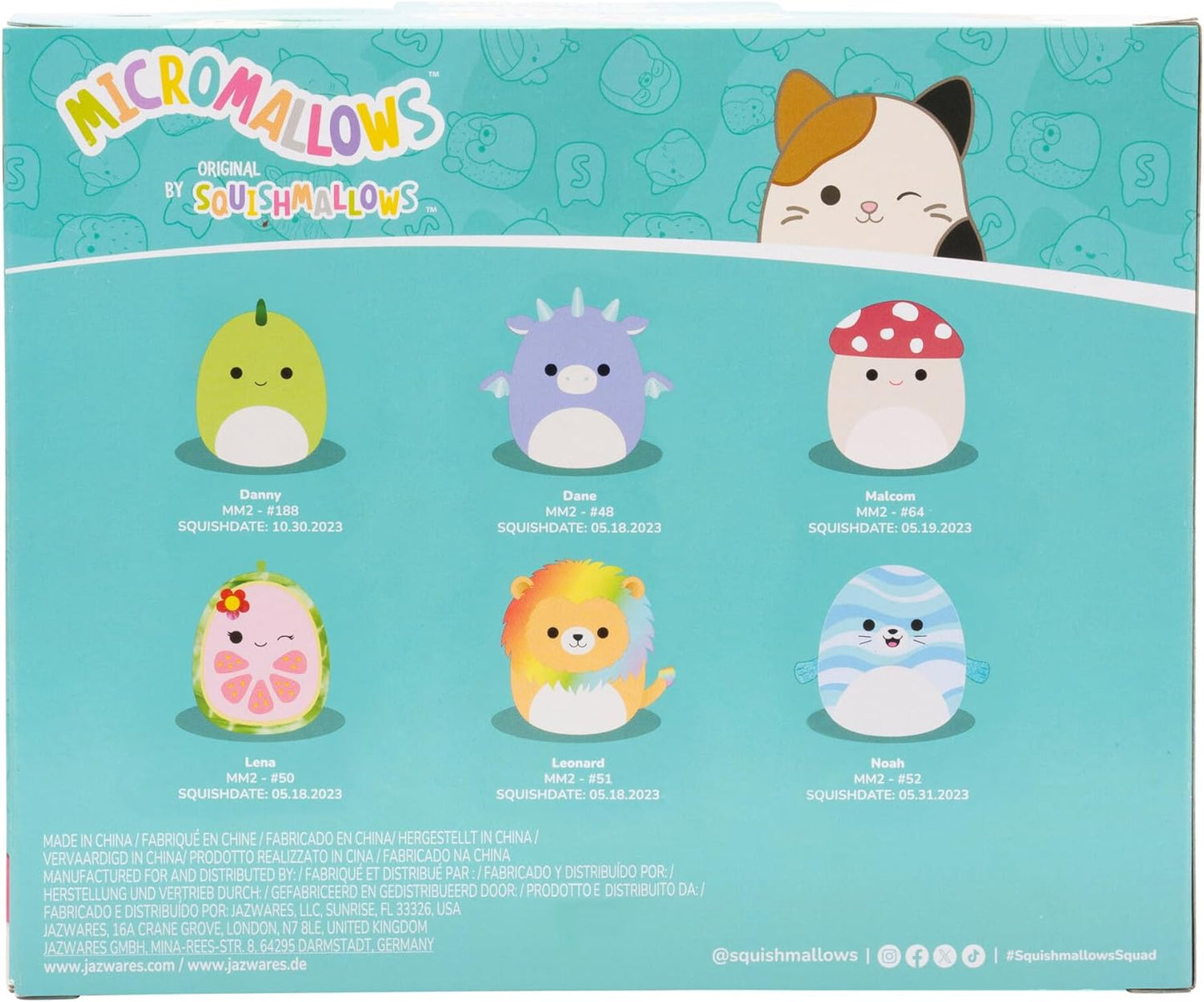 Squishmallows Micromallows Original Paquete de 6: Oruga Cortez, Dragón Danés, Papas fritas Floyd, Fruta de guayaba Lena, León Leonard, Foca Noé