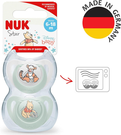 NUK Chupeta de bebê estrela | 6 a 18 meses | Acalma 99% dos bebês | Chupetas de silicone sem BPA | Ursinho Pooh | com estojo | 2 contagem