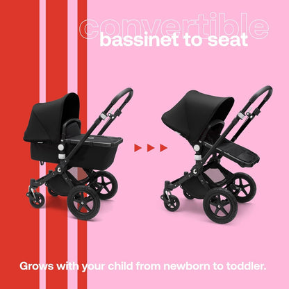 Bugaboo Cameleon 3 Plus, carrinho de bebê 2 em 1 com guiador reversível, moldura preta e tecidos pretos