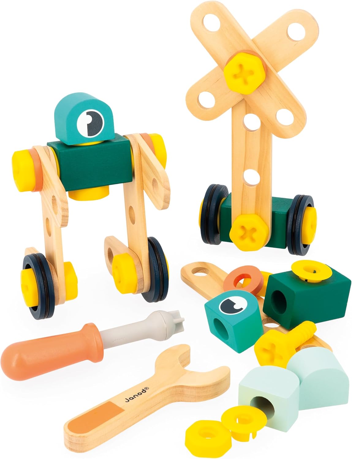 Janod - Banheira Brico'Kids de 50 peças - Jogo de construção infantil - 48 acessórios + 2 ferramentas - Brinquedo de simulação - Desenvolve destreza e criatividade - 3 anos +,