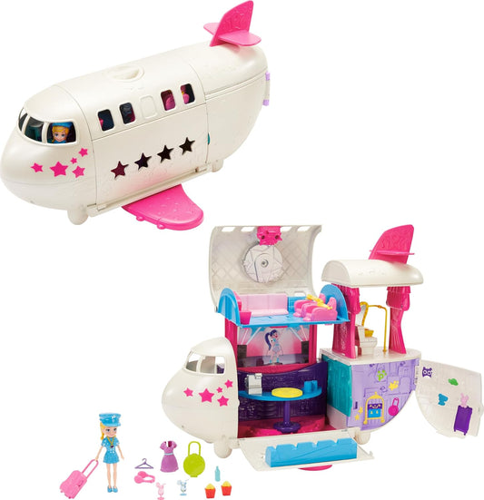 Polly Pocket Travel Toy Playset com boneca e acessórios de 3 polegadas, transformando fabuloso brinquedo de avião a jato voador