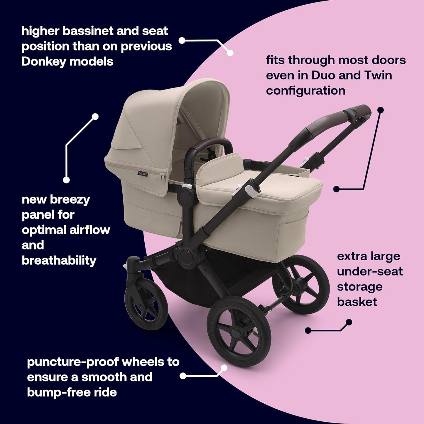 Bugaboo Donkey 5 Mono, conversível em carrinho duplo lado a lado, design aprimorado, assento reversível, direção com uma mão e cesta lateral, Desert Taupe