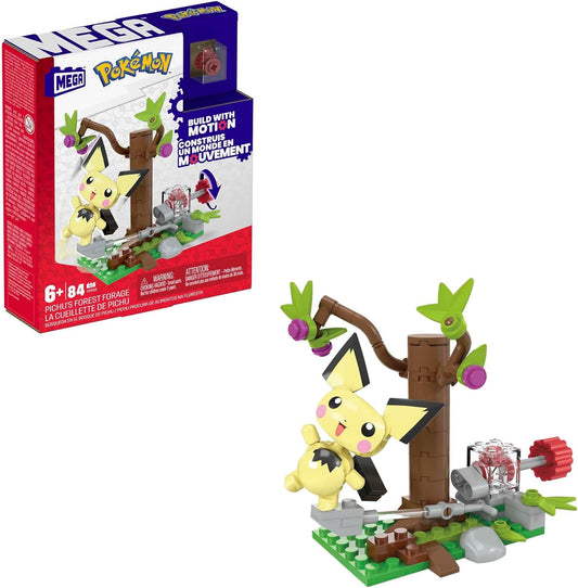 Mega Conjunto de brinquedos de construção de bonecos de ação Pokémon, Pichu's Forest Forage com 84 peças, movimento e 1 personagem articulado e montável, HPB59