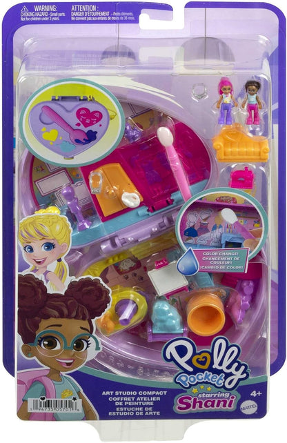 Polly Pocket, estrelado por Shani Art Studio Compact, Micro Shani e Friend Dolls, 5 revelações, 12 acessórios, recurso Pop and Swap, 4 e superior