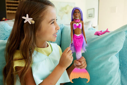 Barbie  Mermaid Doll, “Malibu” with Pink Hair, Styling Accessories, Pet Dolphin and Water-Activated Color Change Feature, HRP97