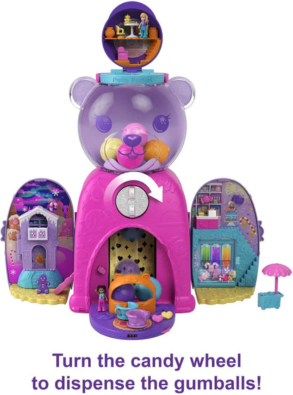 Polly Pocket Gumball Bear Playset, 4 espaços para brincar, 32 peças para brincar: 2 bonecas, chicletes não comestíveis e recurso de chicletes recarregáveis, 4 anos ou mais