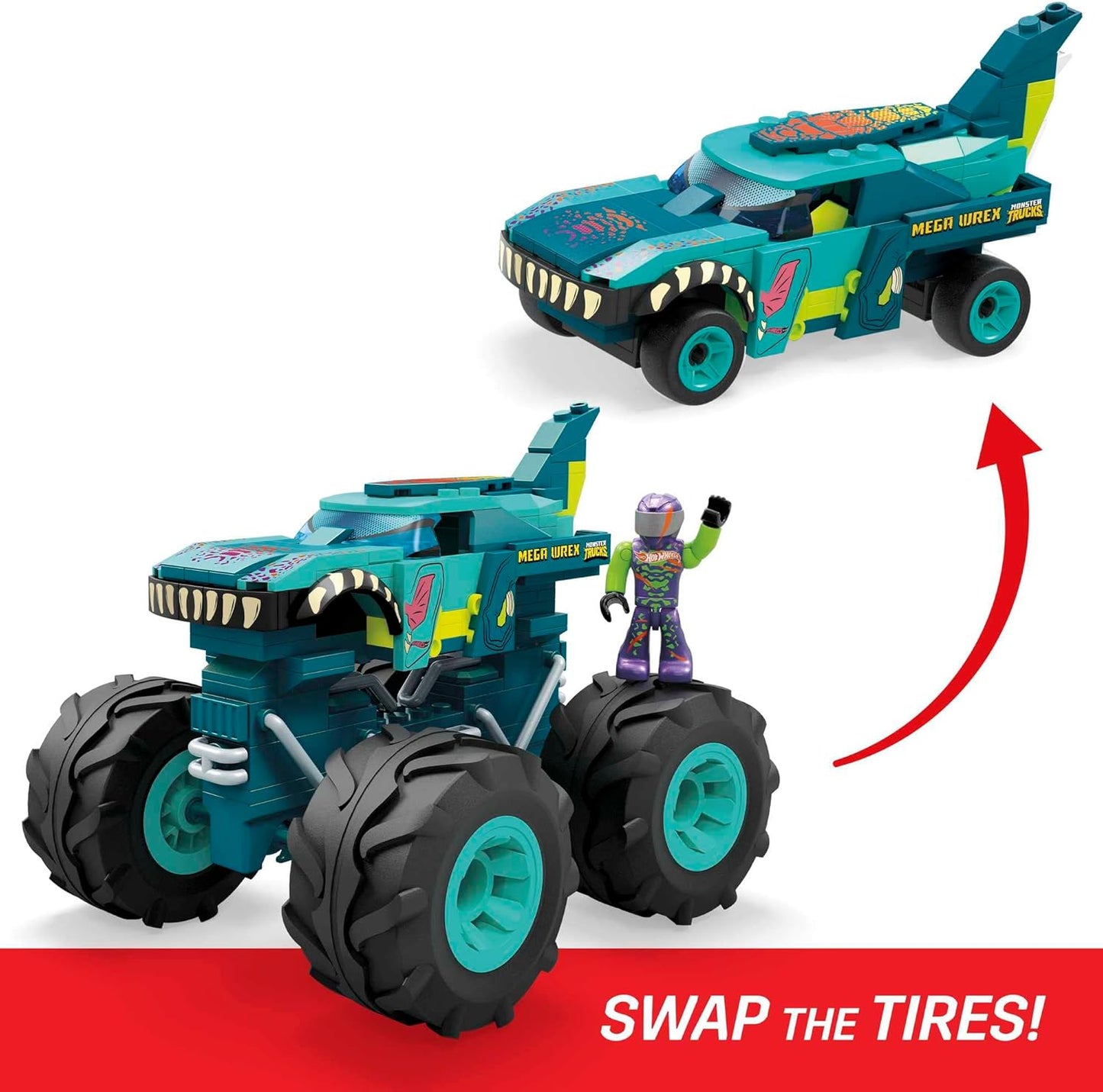 MEGA Hot Wheels Monster Trucks Building Toy Playset, Mega-Wrex com 187 peças, 1 micro driver de boneco de ação, ideias de presentes para crianças de 5 anos ou mais, HDJ95