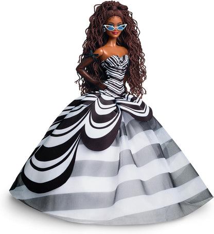 Barbie Boneca Signature, colecionável do 65º aniversário com cabelo trançado castanho, vestido preto e branco, brincos de safira e óculos de sol, HRM59