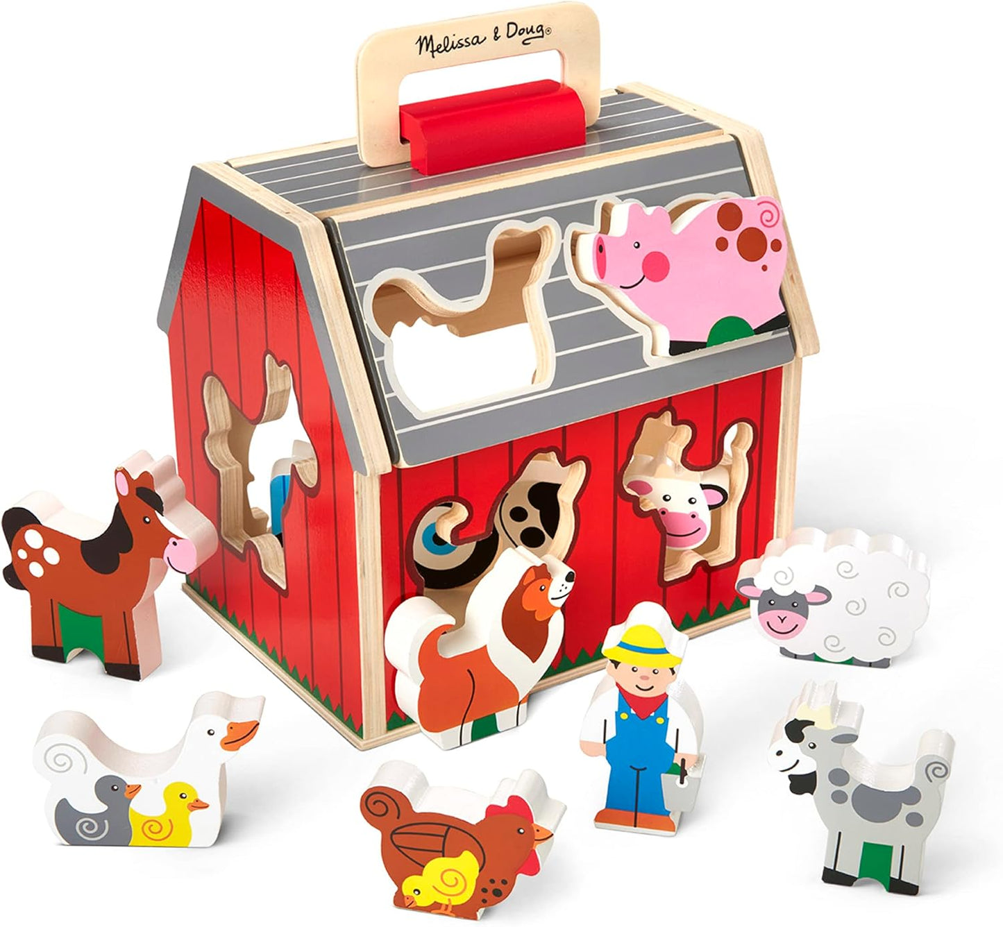 Melissa & Doug Brinquedo de celeiro de classificação de madeira para levar com telhado rebatível e alça 10 peças de madeira para brincar na fazenda - Brinquedos de fazenda, classificação de formas e aprendizado de empilhamento