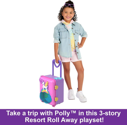 Polly Pocket Pollyville, conjunto de brinquedos Resort Roll Away com rodas giratórias, 5 áreas de lazer, 4 bonecas Polly Pocket, 1 veículo Polly Pocket, 30 acessórios de brinquedo, brinquedos para maiores de 4 anos, HKV43