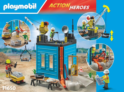 Playmobil 71650 Action Heroes: Construction Site Promo Pack, com três figuras, guindaste móvel e muitos extras adicionais, conjuntos de jogos detalhados adequados para crianças a partir de 4 anos