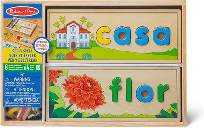 Melissa & Doug Espanhol See & Spell Brinquedo educacional de aprendizagem de línguas, brinquedos de desenvolvimento inicial e atividades, quebra-cabeça, quebra-cabeça de madeira, presente para menino ou menina de 3 anos