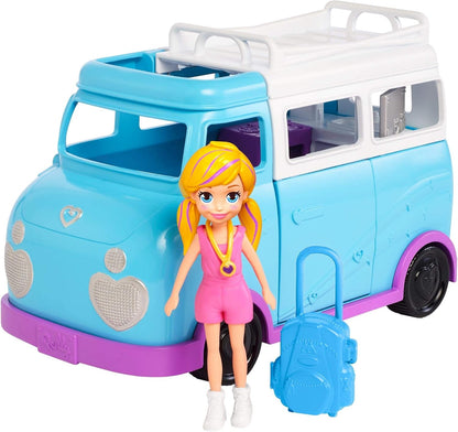 Polly Pocket Van Glamping com tema de acampamento em escala dupla, duas bonecas e acessórios