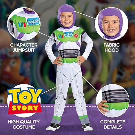 DISGUISE Traje oficial clássico oficial da Disney Buzz Lightyear para crianças, Buzz Lightyear Dress Up Onesie, Toy Story Dress Up Costume Fancy Dress, Trajes do Dia Mundial do Livro para meninos