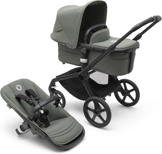 Bugaboo Carrinho de passeio Fox 5 All-Terrain, carrinho de bebê 2 em 1, suspensão total, dobra fácil, berço espaçoso, assento extensível para crianças, manobrabilidade com uma mão, chassi preto e capota verde floresta