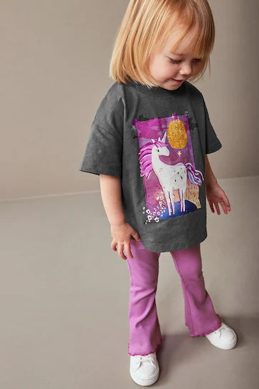 |Niña| Conjunto de leggings y top con vuelo - Unicornio morado (3 meses a 7 años)