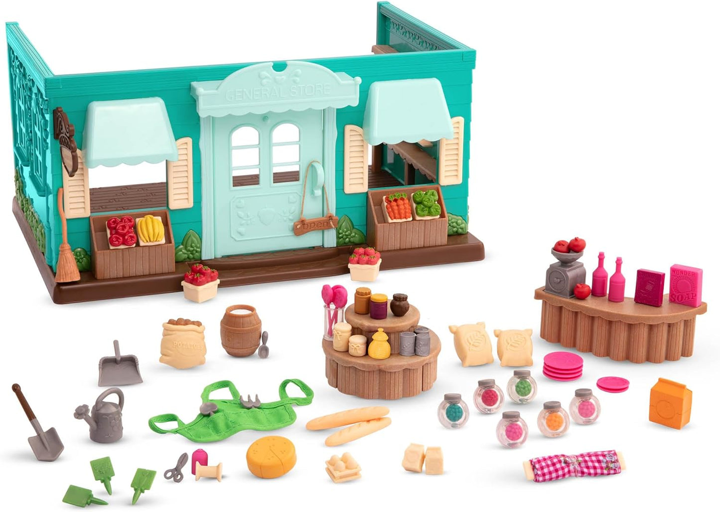 Li'l Woodzeez Store Playset – Honeysuckle Hollow General Store – Conjunto de brinquedos de 69 peças – Brinquedos de família para crianças de 3 anos ou mais