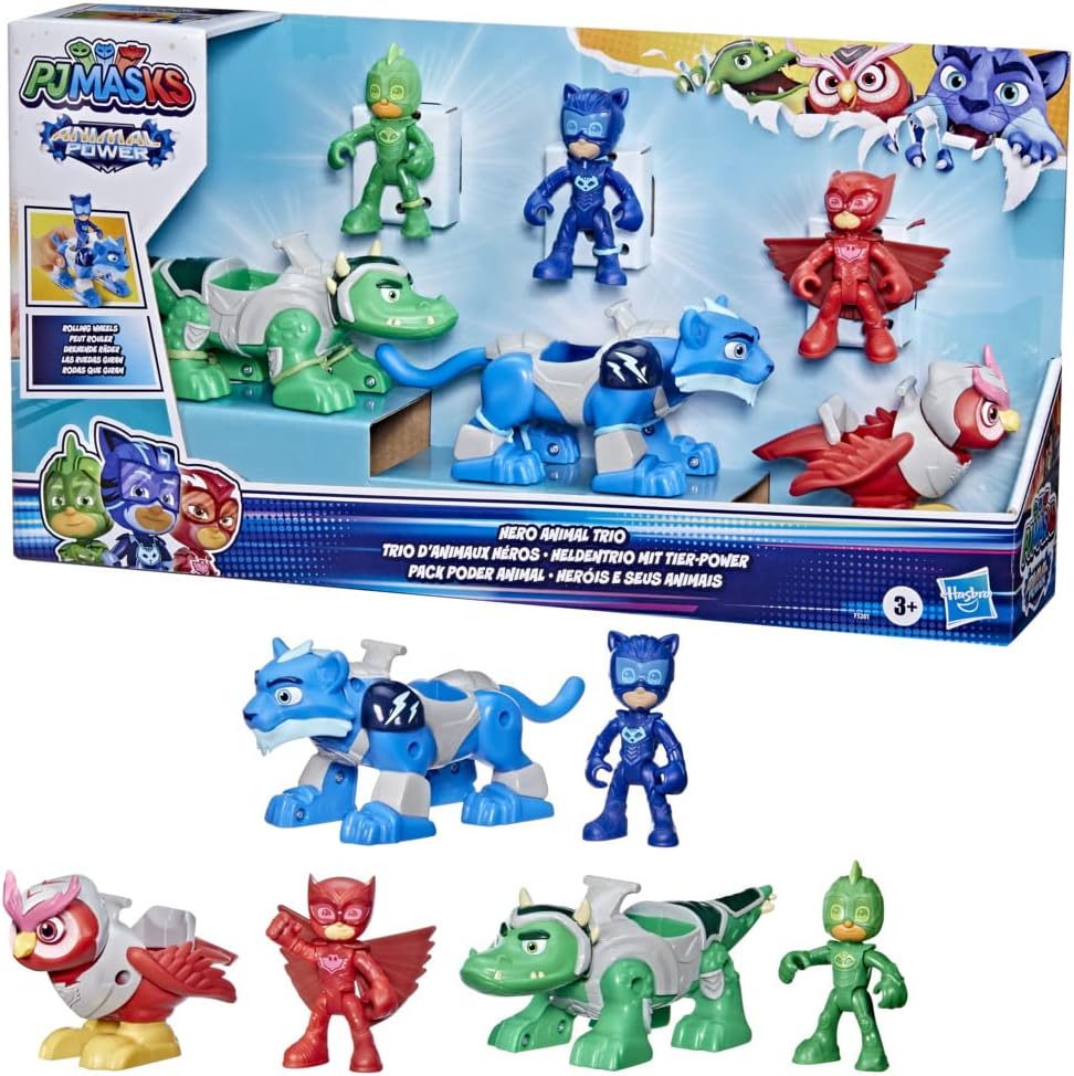 PJ Masks Animal Power Hero Animal Trio Brinquedo pré-escolar, boneco de ação e conjunto de veículos para crianças de 3 anos ou mais