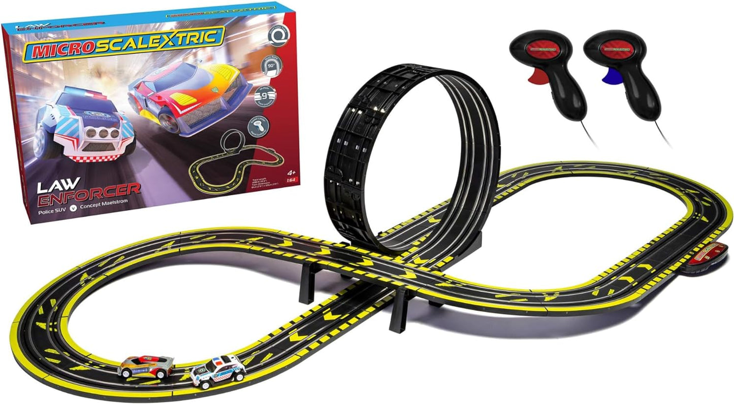 Micro Scalextric - Conjunto de corrida Law Enforcer - Conjuntos de corrida alimentados por rede elétrica, pistas de corrida de slot car para crianças de 4 anos ou mais, inclui 2 carros, 1 conjunto de pista, 1 base de energia elétrica e 2 controladores