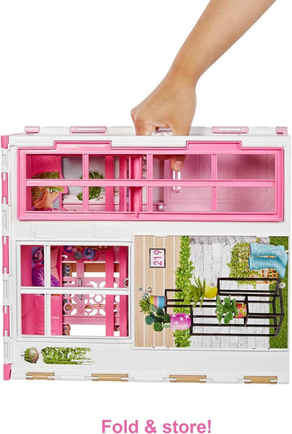 Juego de casa de muñecas Barbie con muñeca Barbie y casa con 2 niveles y 4 áreas de juego, completamente amueblada, con cachorro y accesorios, regalo para niños a partir de 3 años, HHY40