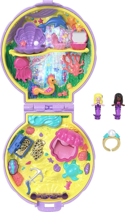 Polly Pocket Keepsake Collection Mermaid Dreams Compacto colecionável, tema submarino, caixa especial, 2 bonecas sereia, anel vestível e muito mais, presente colecionável, a partir de 4 anos