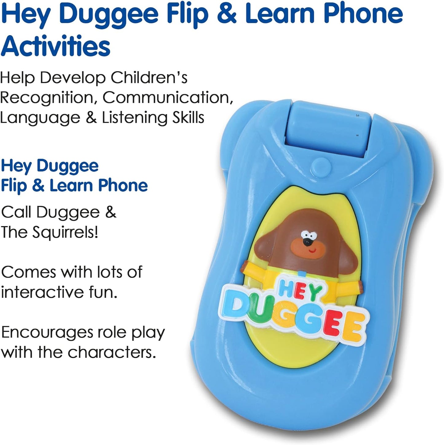 Hey Duggee Toys, juguete para teléfono Flip &amp; Learn para niños: ayuda con el desarrollo infantil, el aprendizaje, la resolución de problemas, la comunicación, la coordinación ojo-mano y las habilidades motoras, a partir de 18 meses, azul