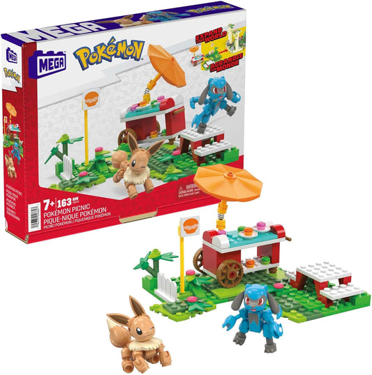 MEGA Conjunto de construção de brinquedo Pokémon Adventure Builder Picnic, figuras de Eevee e Riolu, 193 tijolos e peças, conjunto de presente para meninos e meninas, a partir de 7 anos, HDL80