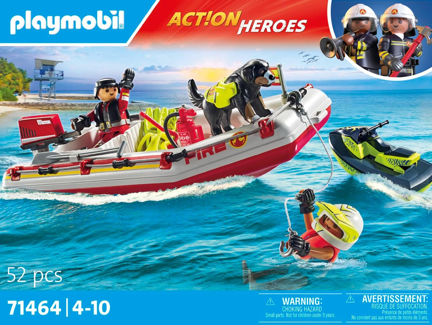 Playmobil 71464 Action Heroes: Fireboat com Aqua Scooter, emocionante resgate na água, incluindo óculos de mergulho e nadadeiras, dramatização divertida e imaginativa, conjuntos de jogos realistas adequados para crianças de 4 anos ou mais