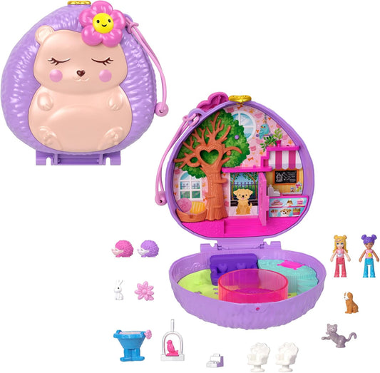 Polly Pocket Dolls e Playset, brinquedo de viagem com exterior Fidget, Hedgehog Coffee Shop Compact com 2 micro bonecos e 10 acessórios, HRD37