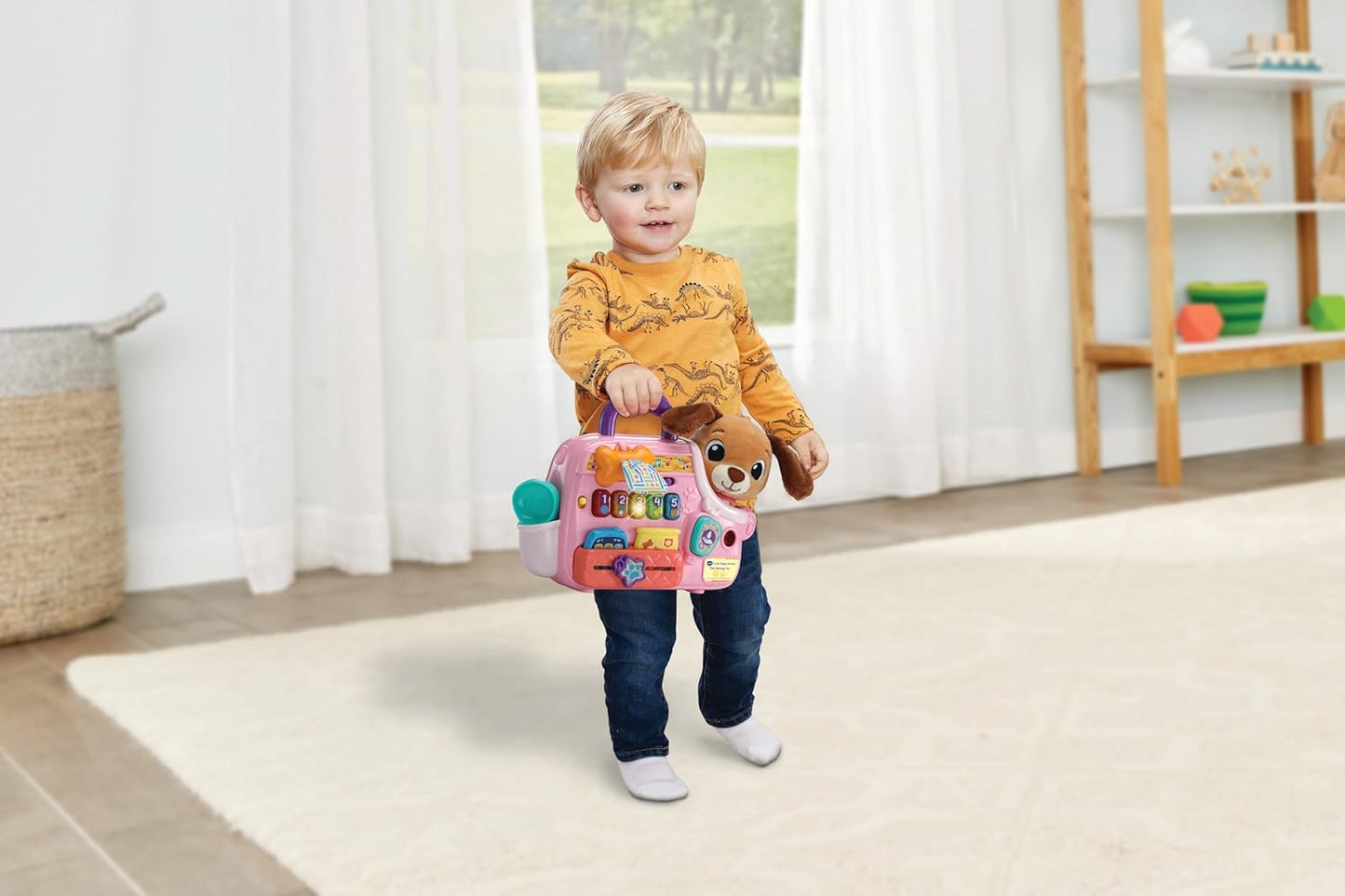 VTech Baby Cutie Puppy Carrier, brinquedo interativo de dramatização com 6 acessórios, botões iluminados com música, sons e frases, presente para bebês de 9, 18, 24 meses +