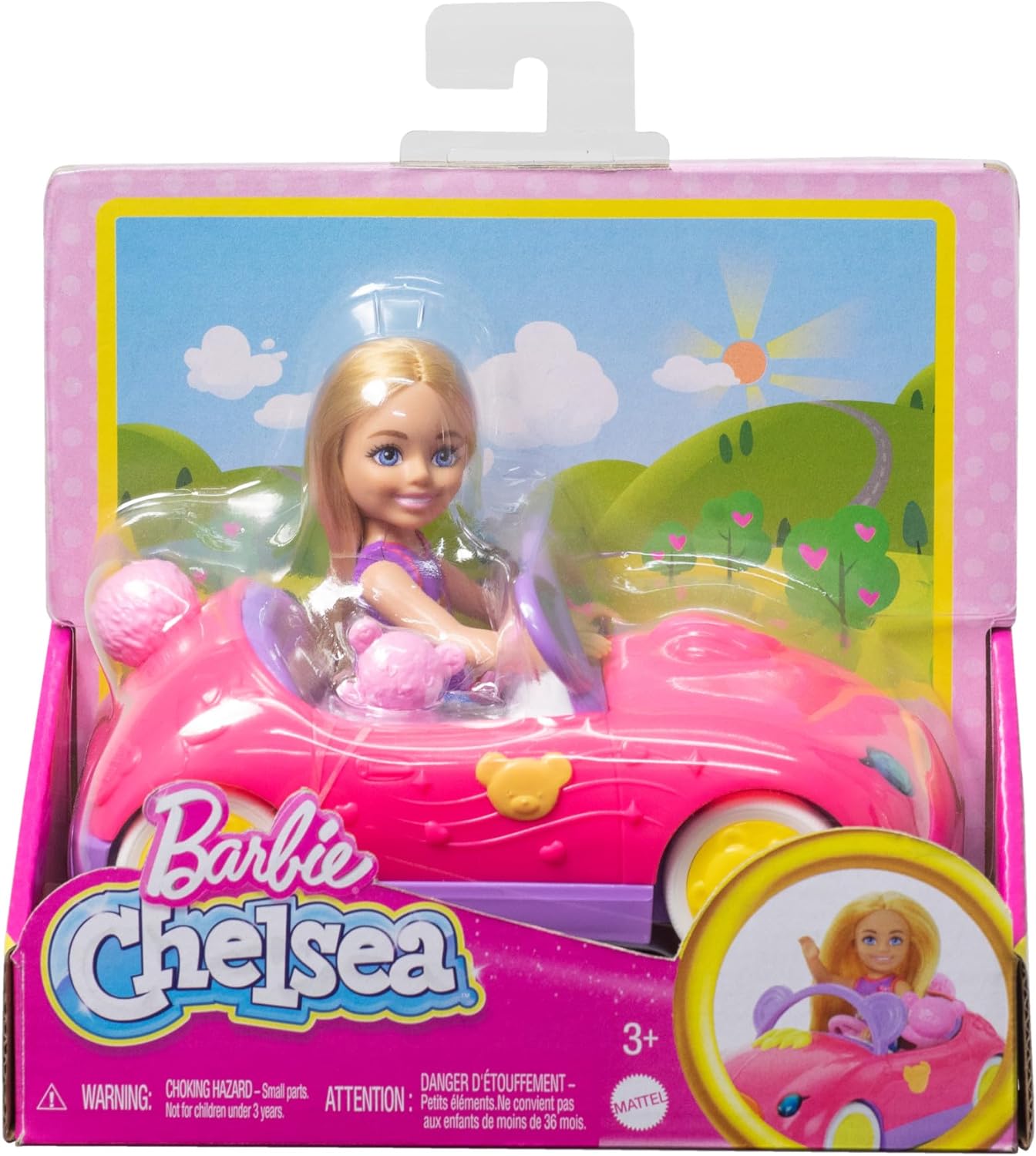 Barbie Conjunto de boneca Chelsea e carrinho de brinquedo com conversível com tema de urso e acessório de urso de pelúcia, boneca pequena loira usa saia removível e sapatos, HXN05