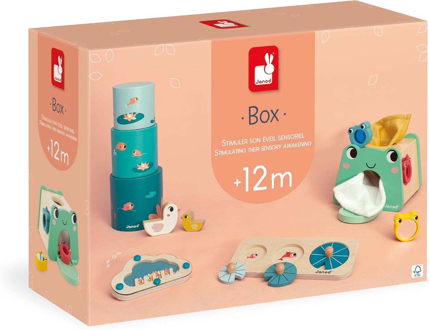 Janod - Caja de juegos para bebé de 1 año - Juguetes y rompecabezas de aprendizaje temprano para perfeccionar las habilidades motoras - Juego sensorial para bebés - Descubrimientos para recién nacidos - Caja para clasificar formas