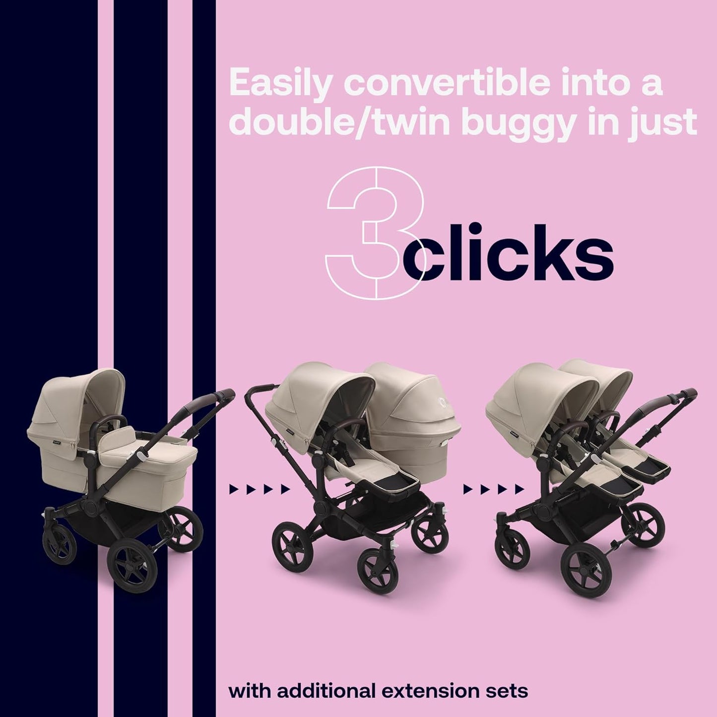 Bugaboo Donkey 5 Mono, conversível em carrinho duplo lado a lado, design aprimorado, assento reversível, direção com uma mão e cesta lateral, Desert Taupe