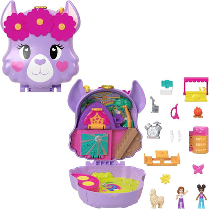 Polly Pocket Mini Toys, Camp Adventure Llama Playset compacto com 2 micro bonecas e 13 acessórios, Pocket World Travel Toys com surpresa revela