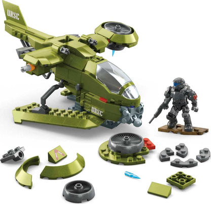 MEGA de construção de veículos de brinquedo Halo, aeronaves UNSC Hornet Recon com 4 microfiguras de ação colecionáveis e articuladas e acessórios