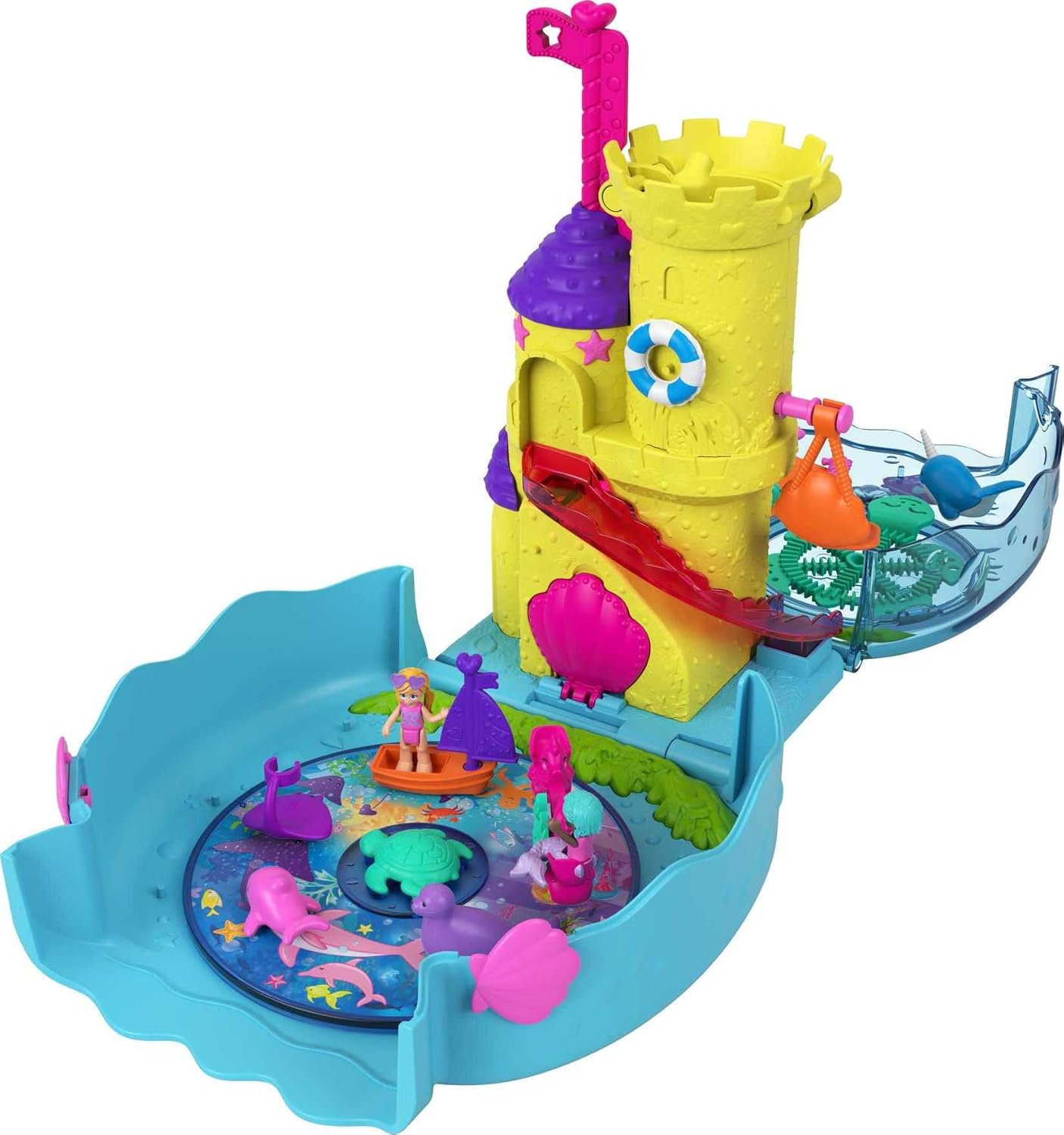 Polly Pocket Aquário Bubble com tema subaquático, 2 recursos para fazer bolhas, piscina, boneca Micro Polly e sereia, solução para bolhas e 18 acessórios, recurso pop e swap, presente para maiores de 4 anos