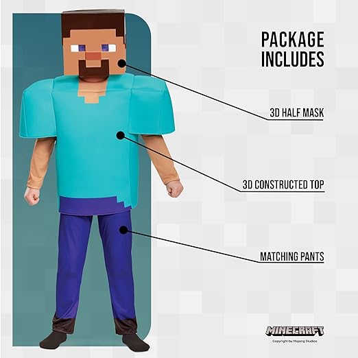 Disguise  Fantasia oficial de luxo de Steve Minecraft para crianças, fantasias de Halloween para crianças, roupa extravagante disponível nos tamanhos S, M e L