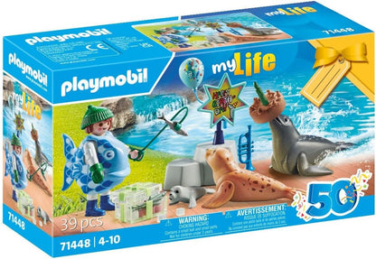 Playmobil 71448 Minha Vida: Guardião com Animais, festa de aniversário com duas focas e uma foca bebê, encenação divertida e imaginativa, conjuntos de jogos artísticos adequados para crianças a partir de 4 anos