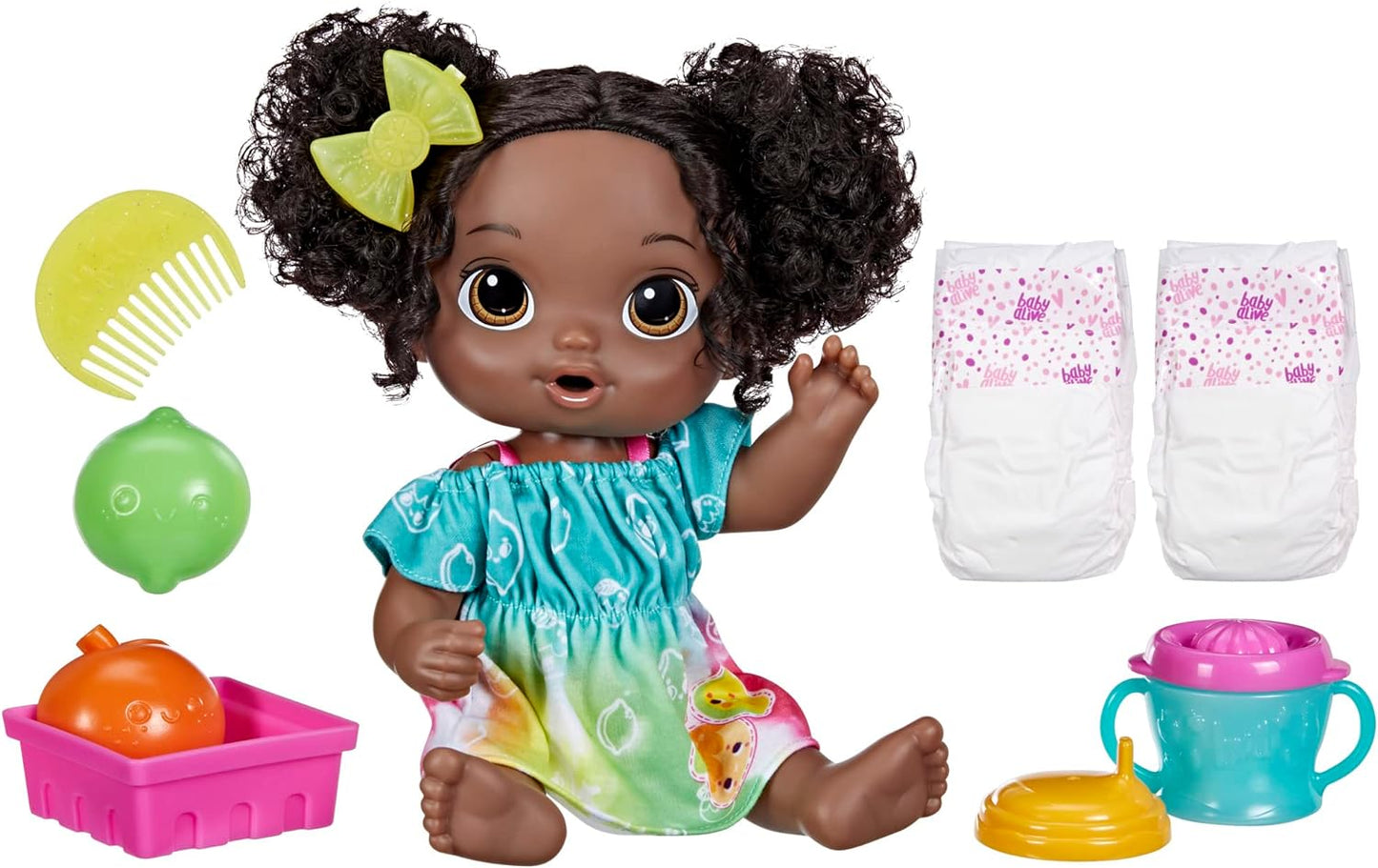 Muñeca Baby Alive Fruity Sips, lima, juego de muñeca exprimidora, bebidas y salsas, juguete para niños a partir de 3 años, pelo negro