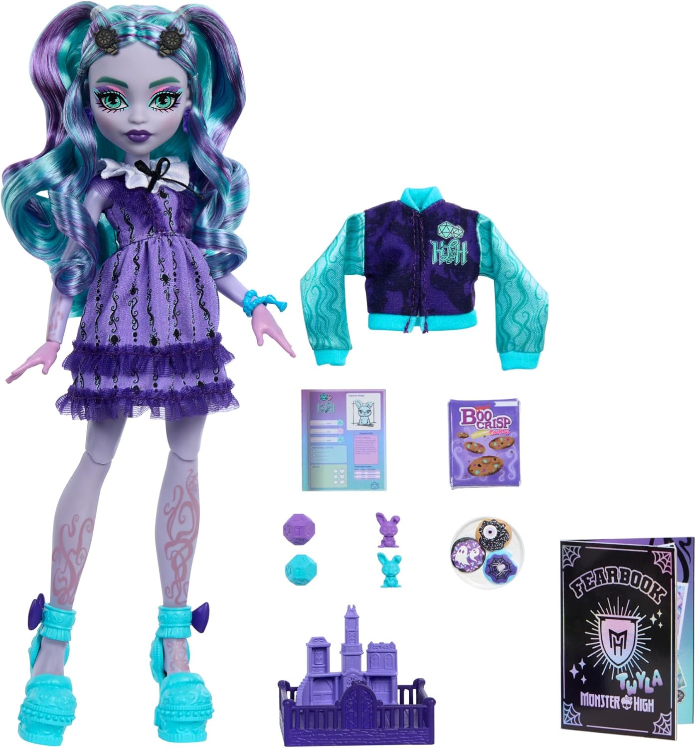 Monster High Conjunto de boneca e acessórios Fearbook Twyla com tema Game Club, incluindo jaqueta do time do colégio, anuário, jogo de tabuleiro e biscoitos